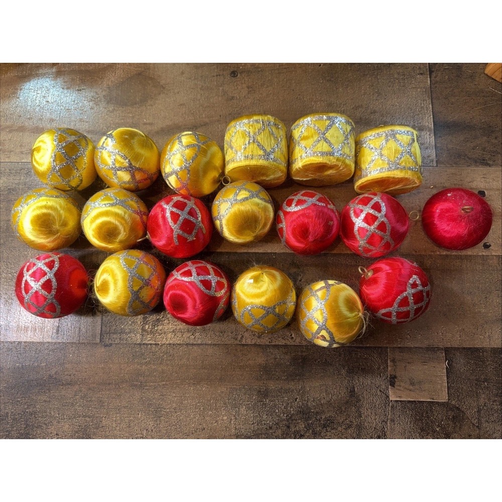 Vintage Red Yellow Satin Silver Christmas 19 Ornaments Mid Century Holiday Décor